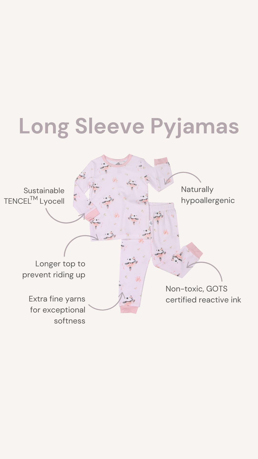 Ballerina Panda Ultra Soft, hypoallergenic and breathable TENCEL™ Long Sleeve Pyjama Set - Description