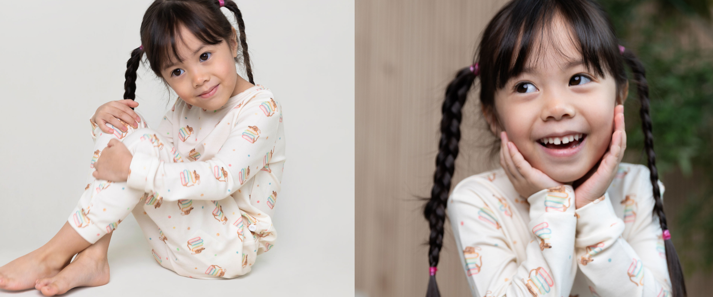 Smiling girl wearing cream-coloured TENCEL™ pyjamas in Storytime Pup print from Mama Pyjama